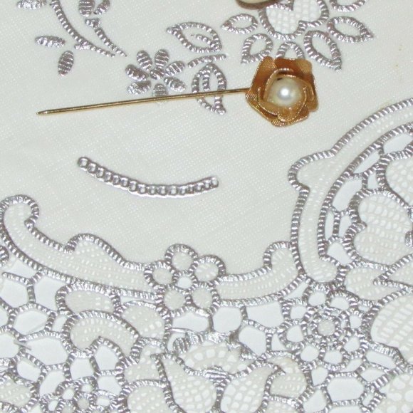 Vintage Rose Stick Pin Faux Pearl Lapel Hat Pin Gold Tone Boho Cottagecore - Picture 3 of 4